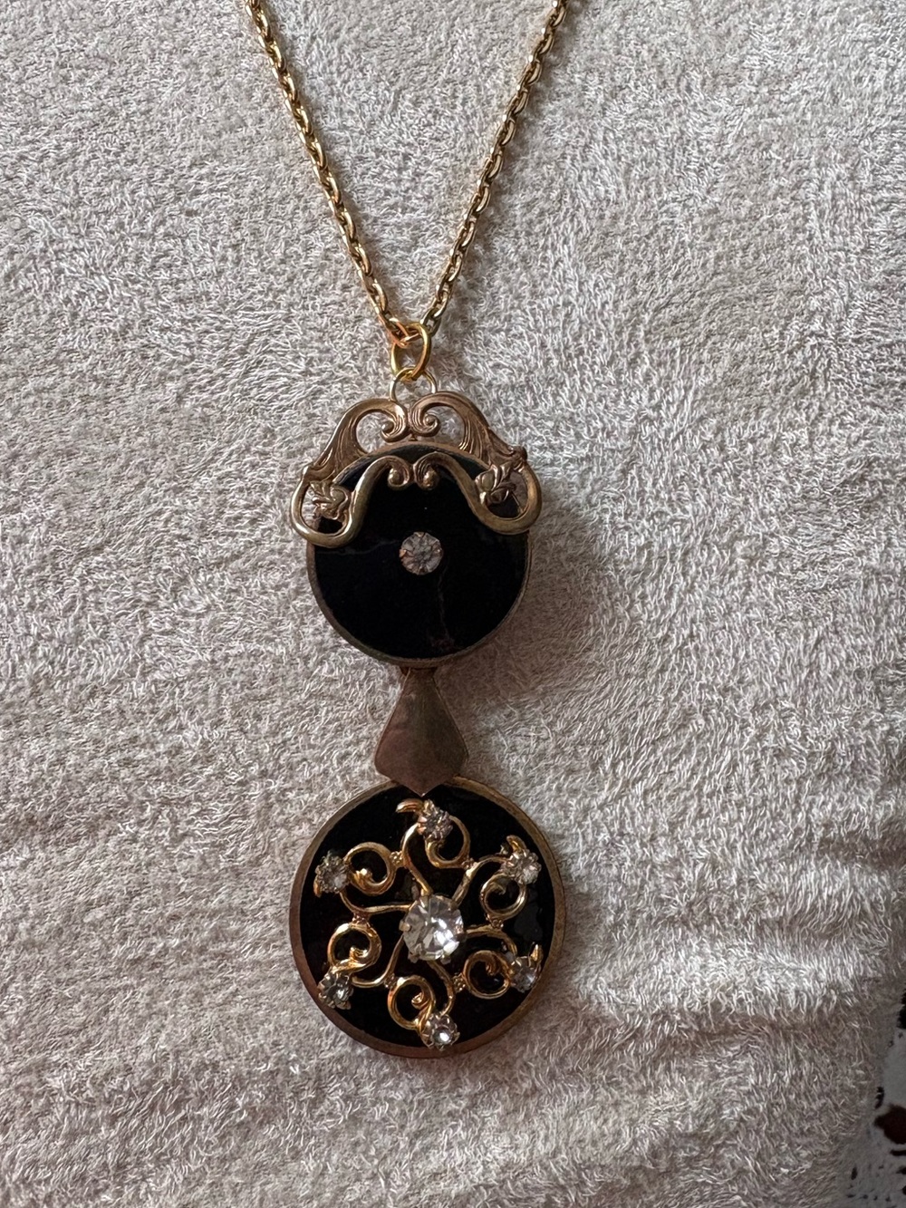 Antique Gold-Filled Black Enamel Pendant with Crystal Accents